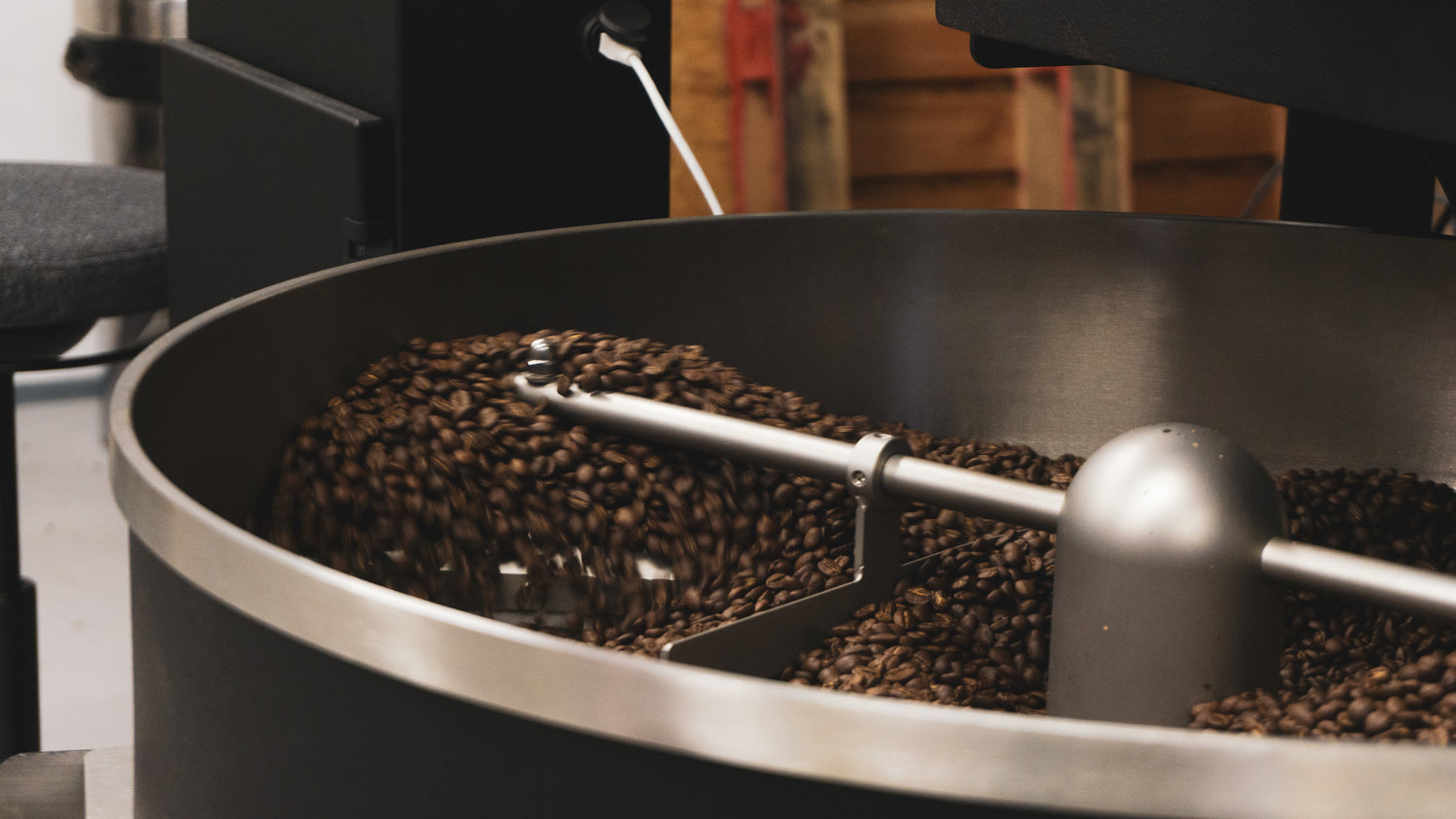 Freshly roasted specialty coffee in the cooling tray of a Giesen coffee roaster.
