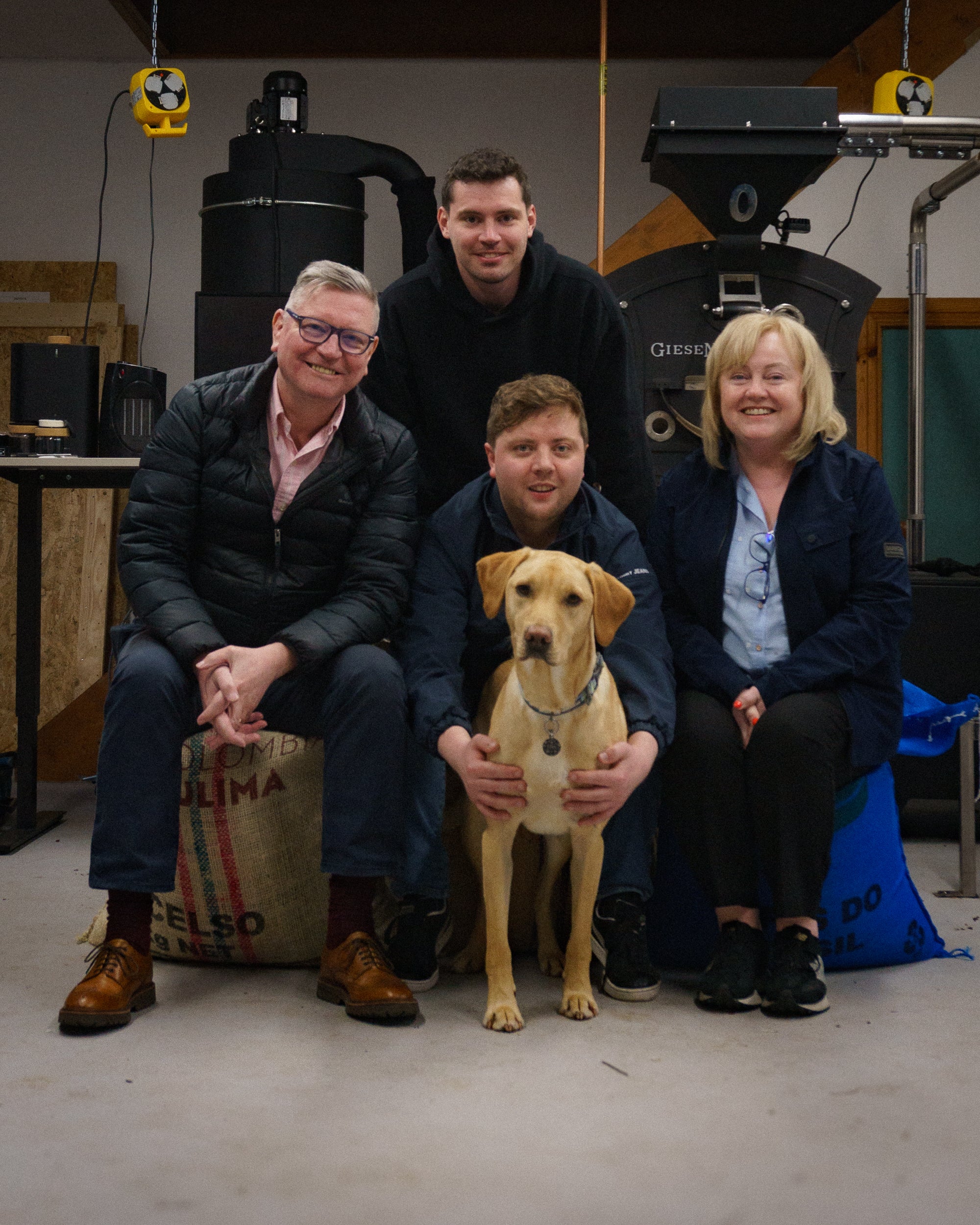 The Ómra Coffee team at their roastery in Northern Ireland.