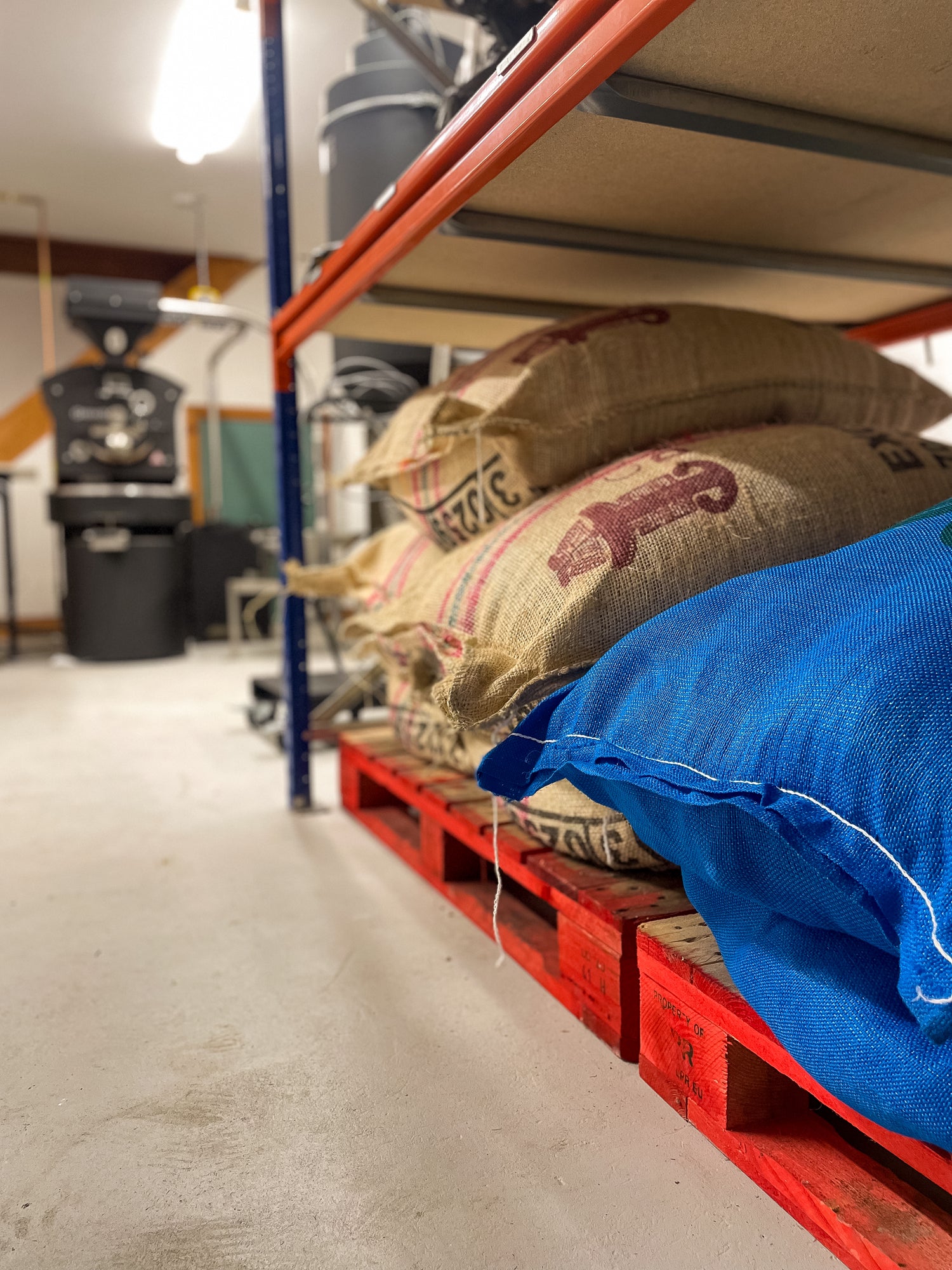 60kg sacks of specialty green coffee in the Ómra Coffee roastery in Northern Ireland
